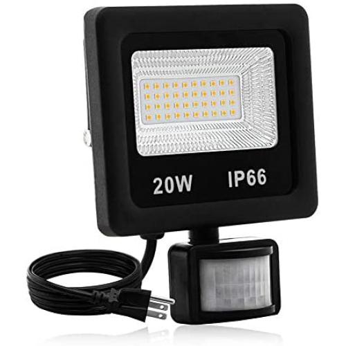 Led Motion Sensor Flood Light Outdoor,20W Security Light with Plug,2000LM,3200K,IP66 Waterproof Motion Sensor Floodlight Outdoor for Garage Yard Patio Pathway Porch Entryways (Warm White)