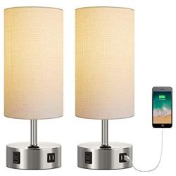 Oneach Modern Table Lamps Set of 2 with Dual USB Charging Port an AC Outlet 15” Bedside Desk Lamp for Bedroom Living Room White Cylinder Shade