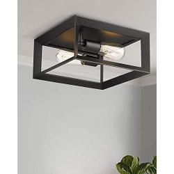 Farmhouse Flush-Mount Ceiling Light Fixture - HWH 12inch 2-Light Industrial Close to Ceiling Light for Bedroom Hallway Kitchen Foyer, Matte Black Finish, 5HW5-F BK