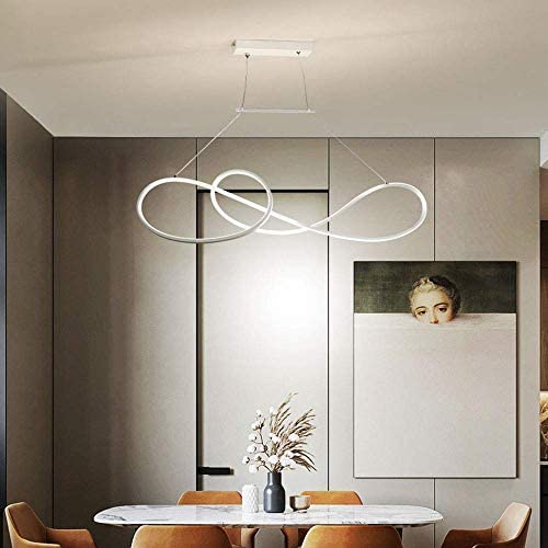 WEM 53W Modern Dimmable Led Ceiling Pendant Light Height Adjustable Rectangle Dining Table Hanging Lamp Curved Swirl Metal Dining Room Chandelier with Remote Control Acrylic Lampshade L90Cm,White