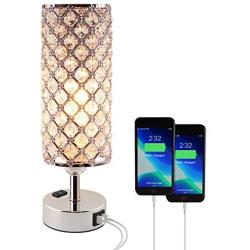 Dimmable Table Touch Lamp with 2 USB Charging Ports, AC Outlet, and Bulb, Decorative Crystal Bedside Light, Cute Modern Desk Lamps for Bedroom, Living Room, Bed Side, Guest Room, and Home Office