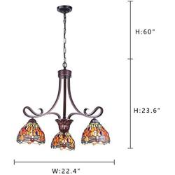 Capulina Tiffany Dining Room Light 3-Light Stained Glass Chandeliers Hanging Light Red Dragonfly Dining Table Lights Vintage Style Chandelier Kitchen Lighting