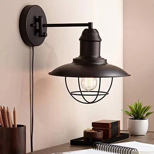 Amqui Industrial Vintage Swing Arm Wall Lamp Bronze Plug-in Light Fixture Metal Cage for Bedroom Bedside Living Room Reading - Franklin Iron Works Amqui Industrial Vintage Swing Arm Wall Lamp Bronze Plug-in Light Fixture Metal Cage for Bedroom Bedside Living Room Reading - Franklin Iron Works