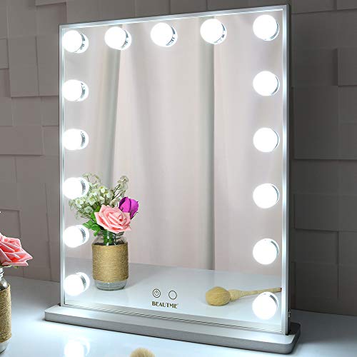 BEAUTME Hollywood Makeup Vanity Mirror with Lights,Bedroom Lighted Standing Tabletop Mirror,LED Cosmetic Beauty Tabletop Mirror with 15 Dimmable Bulbs, Wall Mounted Lighting Mirror (Silver)