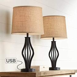 Heather Modern Contemporary Table Lamps Set of 2 with Hotel Style USB Charging Port Iron Bronze Drum Shade for Living Room Bedroom House Bedside Nightstand Home Office Family - 360 Lighting