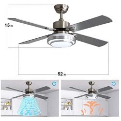 Warmiplanet 52-inch indoor ceiling fan with integrated LED lighting kit and remote control, four reversible white/silver blades, brushed nickel