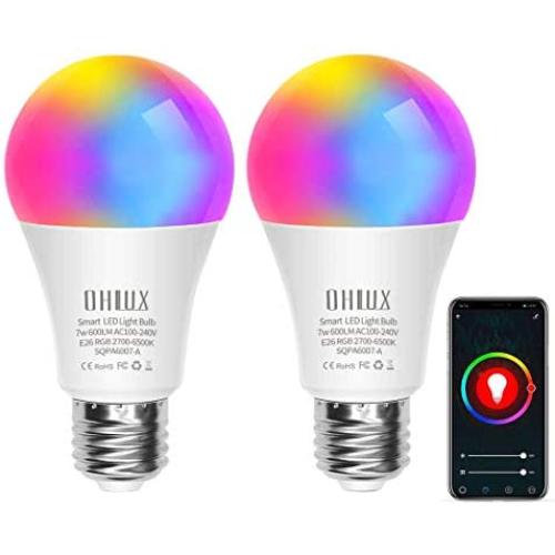 OHLUX Smart WiFi LED Light Bulb, Works with Alexa and Google Home Assistant (No Hub Required), RGBCW Multi Color Changing Bulb, A19 E26 7W(60W Equivalent), 2-Pack
