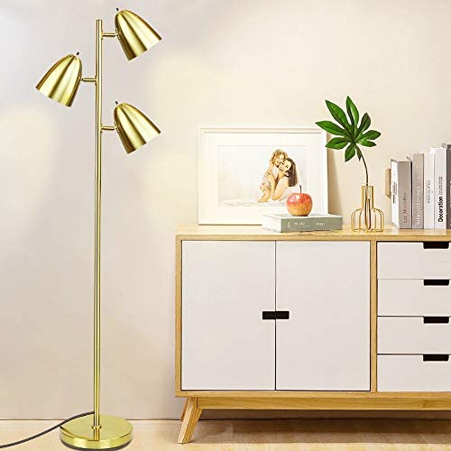 DLLT Modern Floor Lamp, 3-Light Reading Standing Tree Lamp with Adjustable Metal Heads, Brass Tall LED Lighting for Living Room, Bedroom, Study Room, Office, E26 Base (Bulbs Include)