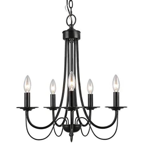 LALUZ Black Chandelier Farmhouse Rustic 5-Light Fixture with 2-Layer for Dining & Living Room, Bedroom, Kitchen and Foyer