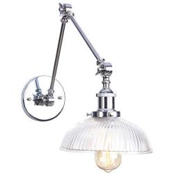 KWOKING Lighting Industrial Wall Lamps Adjustable Hanging Light Swing Arms Wall Sconce Ribbed Glass Light for Living Room, Bedroom Reading Chrome Finish