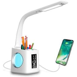 Wanjiaone Study LED Desk Lamp with USB Charging Port&Screen&Calendar&Color Night Light, Kids Dimmable LED Table Lamp with Pen Holder&Clock, Desk Reading Light for Students,10W