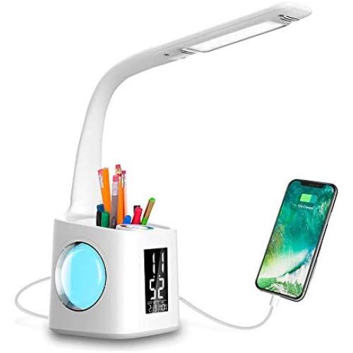 Wanjiaone Study LED Desk Lamp with USB Charging Port&Screen&Calendar&Color Night Light, Kids Dimmable LED Table Lamp with Pen Holder&Clock, Desk Reading Light for Students,10W