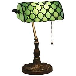 LITFAD Vintage Tiffany Beads Table Light Art Glass 1 Light Green Banker Lamp Bedside Table Lamp LED Desk Lamp Reading Light for Restaurant Bedroom Hotel Office