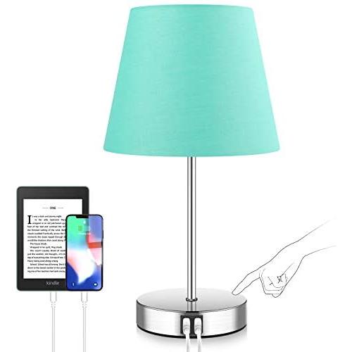 Touch Control Beside Lamp, Teal Aqua LED Bedside Nightstand Lamp with 2 USB Fast Charging Ports & AC Outlet, 3 Way Dimmable Modern Cyan Desk Lamp for Bedroom, Kids Room - 5000K Edison Bulb Included