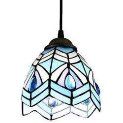 LITFAD Peacock Style Blue Stained Glass Tiffany LED Pendant Lighting One-Light Mini Ceiling Hanging Light for Dining Room Restaurant Coffee Shop Bar