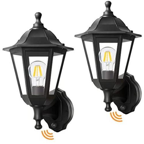 FUDESY 2-Pack Motion Sensor Exterior Light Fixture,Plastic Front Porch Light with 8W Edison Filament Bulbs,Waterproof Outdoor Lanterns for Garage,Yard,Patio,FDS616EPIRB2