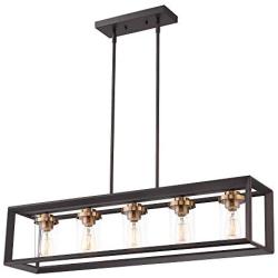 Zeyu 5-Light Kitchen Island Lighting, Modern Linear Pendant Light Fixture, Oil Rubbed Bronze and Gold Finish with Clear Glass, 013-5 ORB+BG