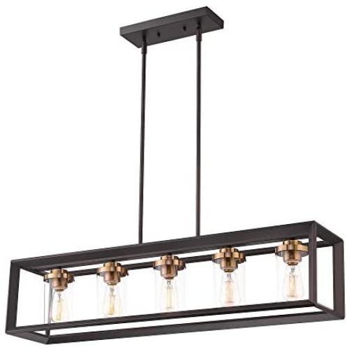 Zeyu 5-Light Kitchen Island Lighting, Modern Linear Pendant Light Fixture, Oil Rubbed Bronze and Gold Finish with Clear Glass, 013-5 ORB+BG