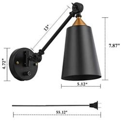 Pauwer Industrial Plug in Wall Sconces Set of 2 with On Off Switch Vintage Edison Swing Arm Wall Lamp Black Metal Shade Wall Light Fixtures