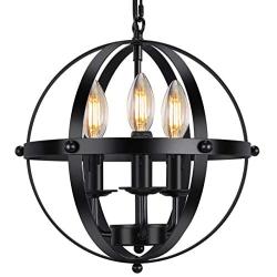 Industrial Pendant Light Vintage Spherical Pendant Lighting with 3 E12 Chandelier Lamp Base Farmhouse Black Metal Kitchen Dining Room Light Fixture, 1-Pack