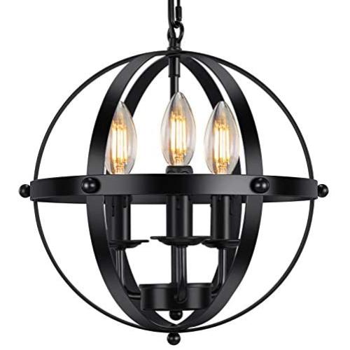 Industrial Pendant Light Vintage Spherical Pendant Lighting with 3 E12 Chandelier Lamp Base Farmhouse Black Metal Kitchen Dining Room Light Fixture, 1-Pack