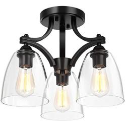 Tangkula Glass Ceiling Light Fixture, Clear Glass Shade, Semi Flush Mount Ceiling Light w/ Sturdy Metal Canopy, Modern 3-Light Close to Ceiling Light for Dining Room, Bedroom, Cafe, Living Room