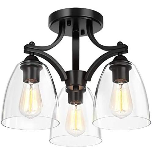 Tangkula Glass Ceiling Light Fixture, Clear Glass Shade, Semi Flush Mount Ceiling Light w/ Sturdy Metal Canopy, Modern 3-Light Close to Ceiling Light for Dining Room, Bedroom, Cafe, Living Room