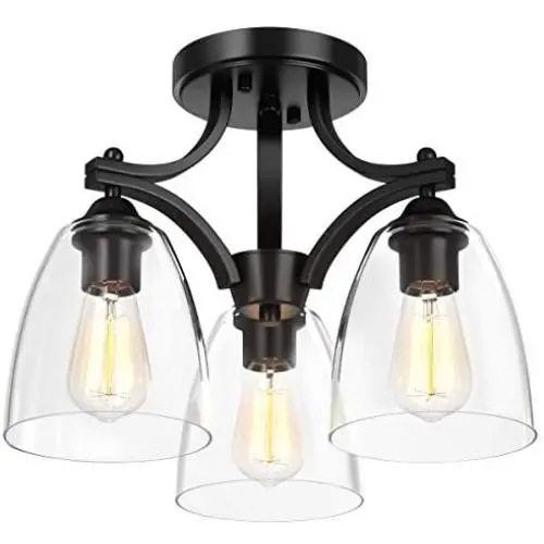 Tangkula Glass Ceiling Light Fixture, Clear Glass Shade, Semi Flush Mount Ceiling Light w/ Sturdy Metal Canopy, Modern 3-Light Close to Ceiling Light for Dining Room, Bedroom, Cafe, Living Room