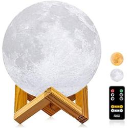 Moon Lamp, LOGROTATE 3D Printing LED Night Light Moon Light with Stand & Remote Control, Warm & Cool Two Colors and Dimmable & Time Setting, USB Rechargeable for Kid Lover Birthday Day Gift (4.7 inch)