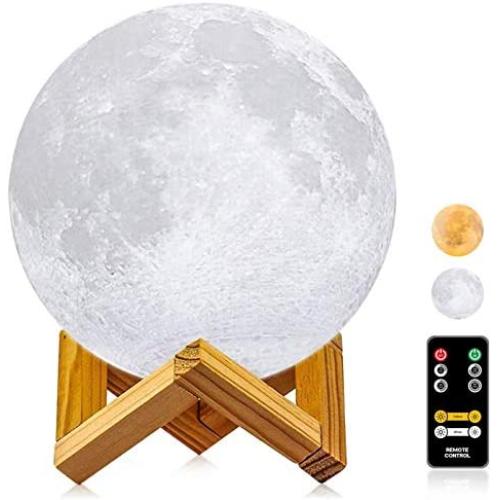 Moon Lamp, LOGROTATE 3D Printing LED Night Light Moon Light with Stand & Remote Control, Warm & Cool Two Colors and Dimmable & Time Setting, USB Rechargeable for Kid Lover Birthday Day Gift (4.7 inch)