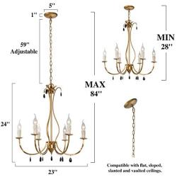 KSANA Large Antique Gold Chandelier Modern 6 Light Fixture with Black Crystal Pendants for Dining & Living Room, Bedroom, Foyer and Kitchen