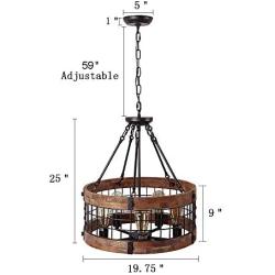 Anmytek Round Wooden Chandelier Metal Pendant Five Lights Decorative Lighting Fixture Antique Ceiling Lamp (Five Lights)