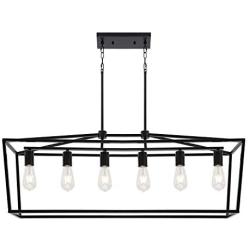 6 Light BONLICHT Farmhouse Kitchen Island Dining Room Chandelier,Matte Black Metal Rectangle Pendant Lighting Cage Ceiling Hanging Light Fixture for Bedroom Dining Room Kitchen Bar