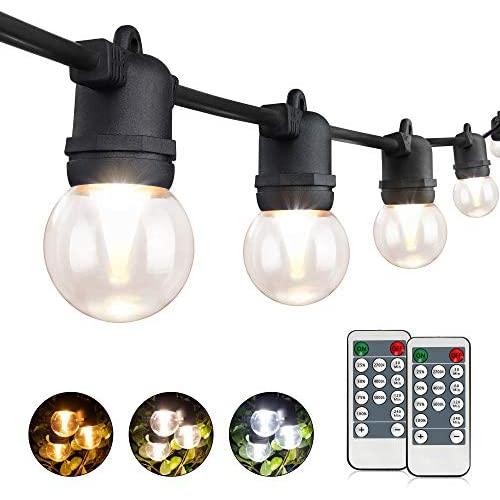 3-Color in 1 LED Dimmable Outdoor String Lights with Remote,48FT Connectable Waterproof Patio Lights of String,G45 Bulbs Warm/Nature/Daylight White Shatterproof LED String Lights for Bistro Pergola