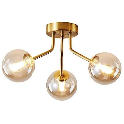 Sputnik Chandelier Ceiling Mounted Light Fixtures Modern Cognac Glass Globe G9 Bulb Lamp (Gold, 3-Light)