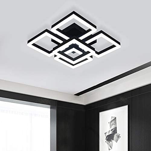 Modern LED Ceiling Light, Garwarm Black Flush Mount Light Fixtures,64W Ceiling Lamp for Living Room Bedroom Dining Room, 5 Square Metal Acrylic Surface Mount Chandelier Cool White 6000K
