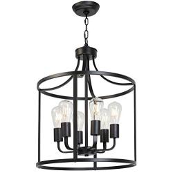 VINLUZ Classic Chandeliers 6 Lights Foyer Pendant Light Black Rustic Farmhouse Lighting Metal Round Modern Ceiling Light Fixture Hanging for Dining Room Kitchen Island Entryway Bar