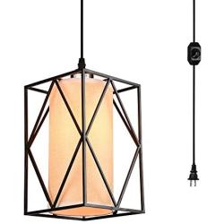 HMVPL Swag Pendant Lights with Plug in Cord and On/Off Dimmer Switch, Potable Hanging Ceiling Lamps with Linen Lampshade for Kitchen Island Table Dining Room Bedroom Entryway Hallway