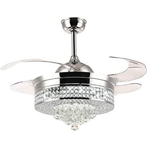 APBEAM Modern Crystal Chandelier Ceiling Fans with Retractable Blades, 36 Inch Fandelier Ceiling Fan with Light Dimmable for Living Room Dining Room Bedroom Chrome Finish
