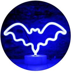 LED Neon Bat Lights, Bat Shape Neon Signs Night Lights Battery Operated Desk Table Lamp for Bedroom, Bar, Wall, Halloween Decor-Bat with Holder Base(Blue)