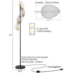 WOXXX Industrial Black Floor Lamp with 4 Brush Gold Finish Leaf Shade, Modern Tree Floor Lamps for Living Room Bedrooms Reading Standing Lamp Living Room Lamps Farmhouse Tall Lamp (4 Bulbs Included)