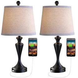 Falflor Table Lamps Set of 2 Vantage Nightstand Lamps with USB Charge Port for Bedroom Guest Room Dining Room