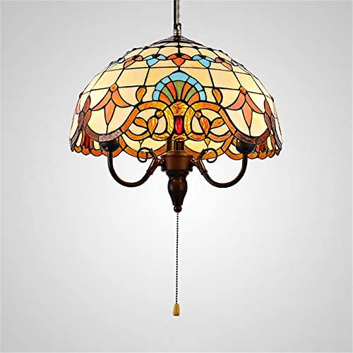 BAYCHEER Tiffany Style Stained Glass Bowl Shade Pendant Light Chandelier Decorative Hanging Lamp Pendant Lighting Adjustable Ceiling Fixture with Pull Chain 3 Lights for Living Room Dining Room