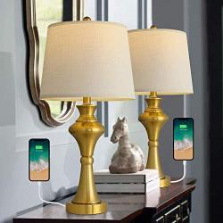 Oneach Modern Table Lamps Set of 2 for Living Room Bedroom 24.5” USB Gold Bedside Nightstand Lamps with Fabric Lampshade