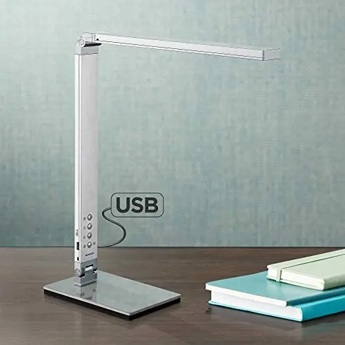 Jett Modern Desk Table Lamp 16 1/2'' High with USB Charging Port and Nightlight LED Silver Aluminum Touch Dimmer for Bedroom Bedside Office - 360 Lighting
