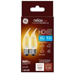 GE Relax HD Bent Tip Dimmable LED Light Bulbs (60 Watt Replacement LED Light Bulbs), 500 Lumen, Medium Base Light Bulbs, Soft White, Clear Finish, 2-Pack LED Bulbs