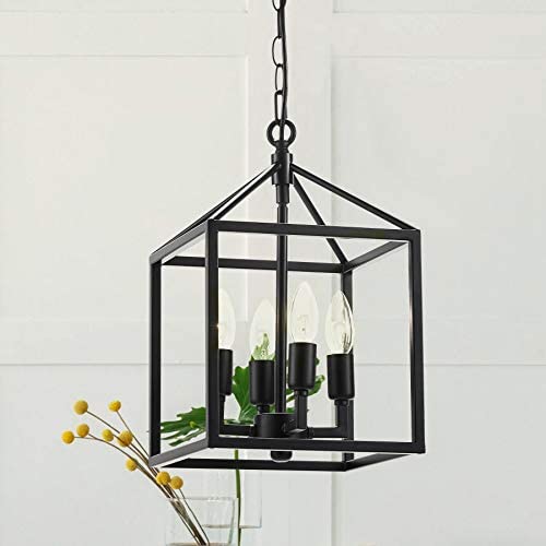 CO-Z 4-Light Lantern Chandelier Light Fixture in Black Finish, Industrial Farmhouse Lantern Pendant Light Square cage, Carmen Ceiling Hanging Light Fixture for Kitchen Island Foyer Entryway Bedroom