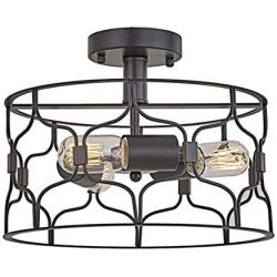 Topotdor Semi Flush Mount Ceiling Light,Industrial Vintage Metal Cage 3-Light Close to Ceiling Light Fixture Perfect Living Room Bedroom Kitchen Farmhouse Stairway Garage (Black)