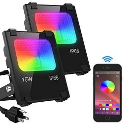 Led Flood Light 100W Equivalent, Outdoor Color Changing Led Stage Landscape Lighting, RGB Bluetooth Smart Floodlights 2700K & 16 Million Colors&Timing& Music Sync, IP66 Waterproof US 3-Plug (2 Pack)