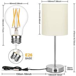 USB Bedside Table Lamp, 3-Way Dimmable Touch Lamp Modern Nightstand Lamp with Round Fabric Lampshade Metal Base Ambient Light for Bedroom, Office, Guest Room, Dorm, 6W 2700K LED Edison Bulb Included